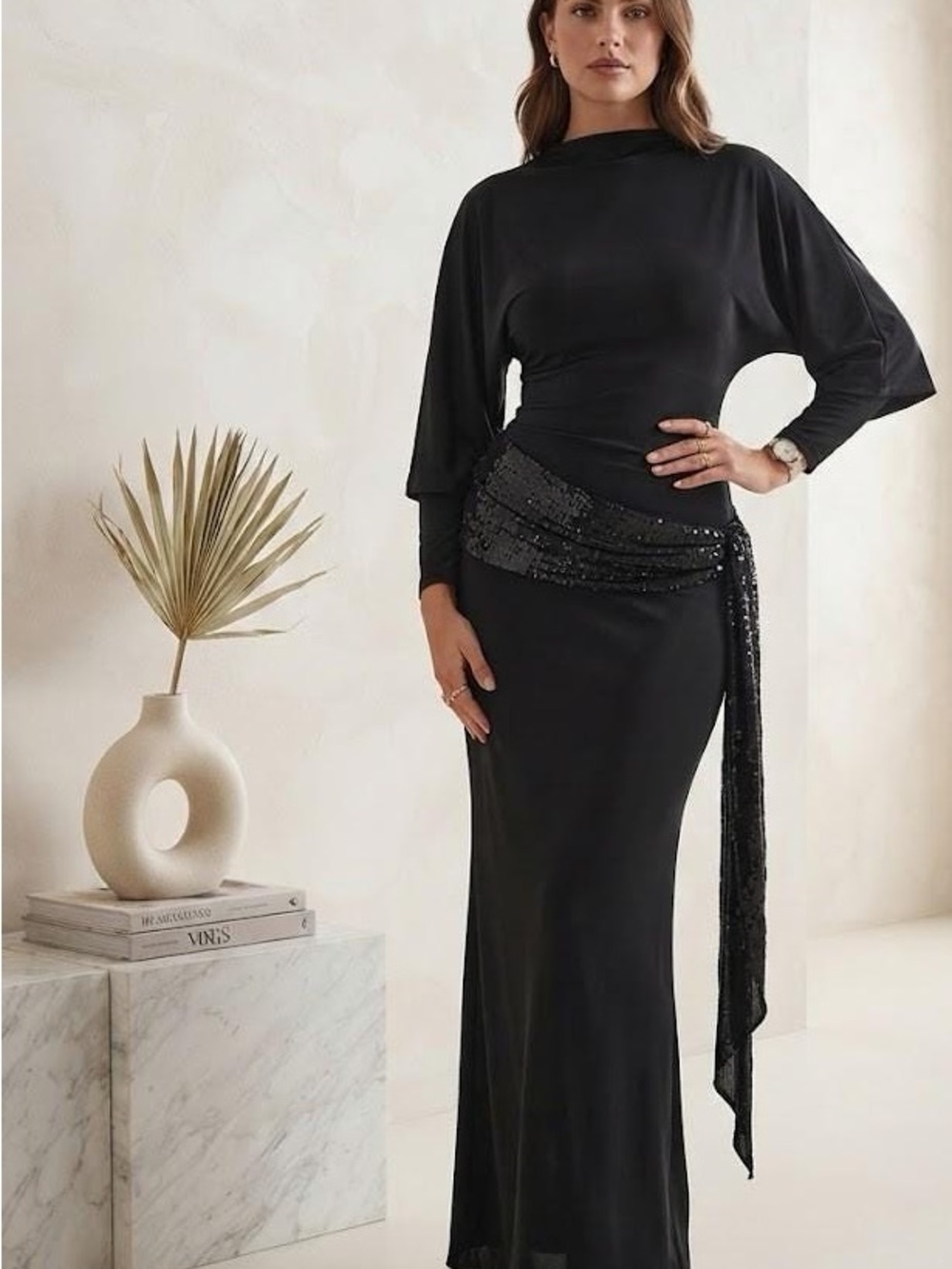Elegant Black Sequin-Draped Evening Gown